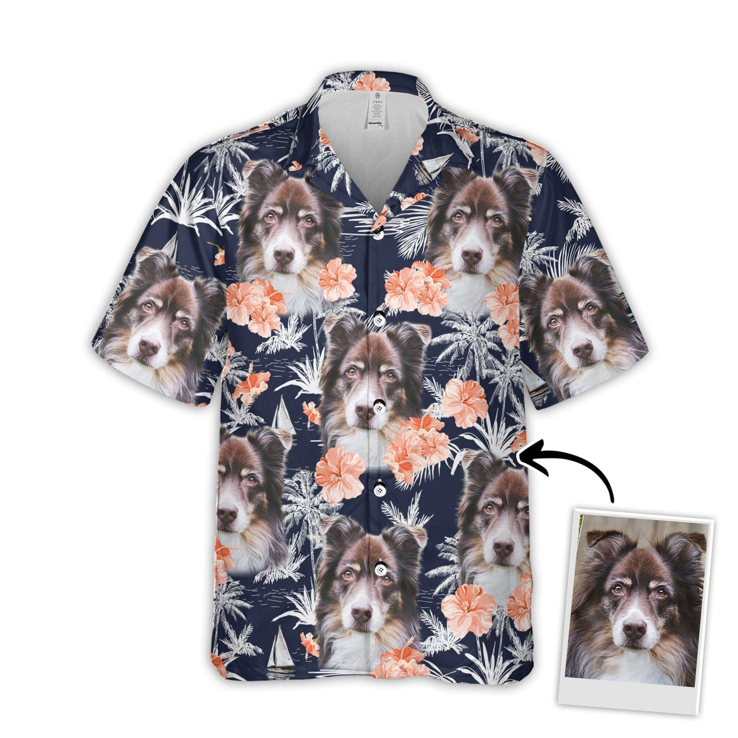 Chemise hawaïenne personnalisée avec visage d’animal de compagnie | Cadeau personnalisé pour les amoureux des animaux de compagnie | Chemise Aloha Fleur D'oranger, Noix De Coco, Palmiers Et Voilier Couleur Marine Foncé