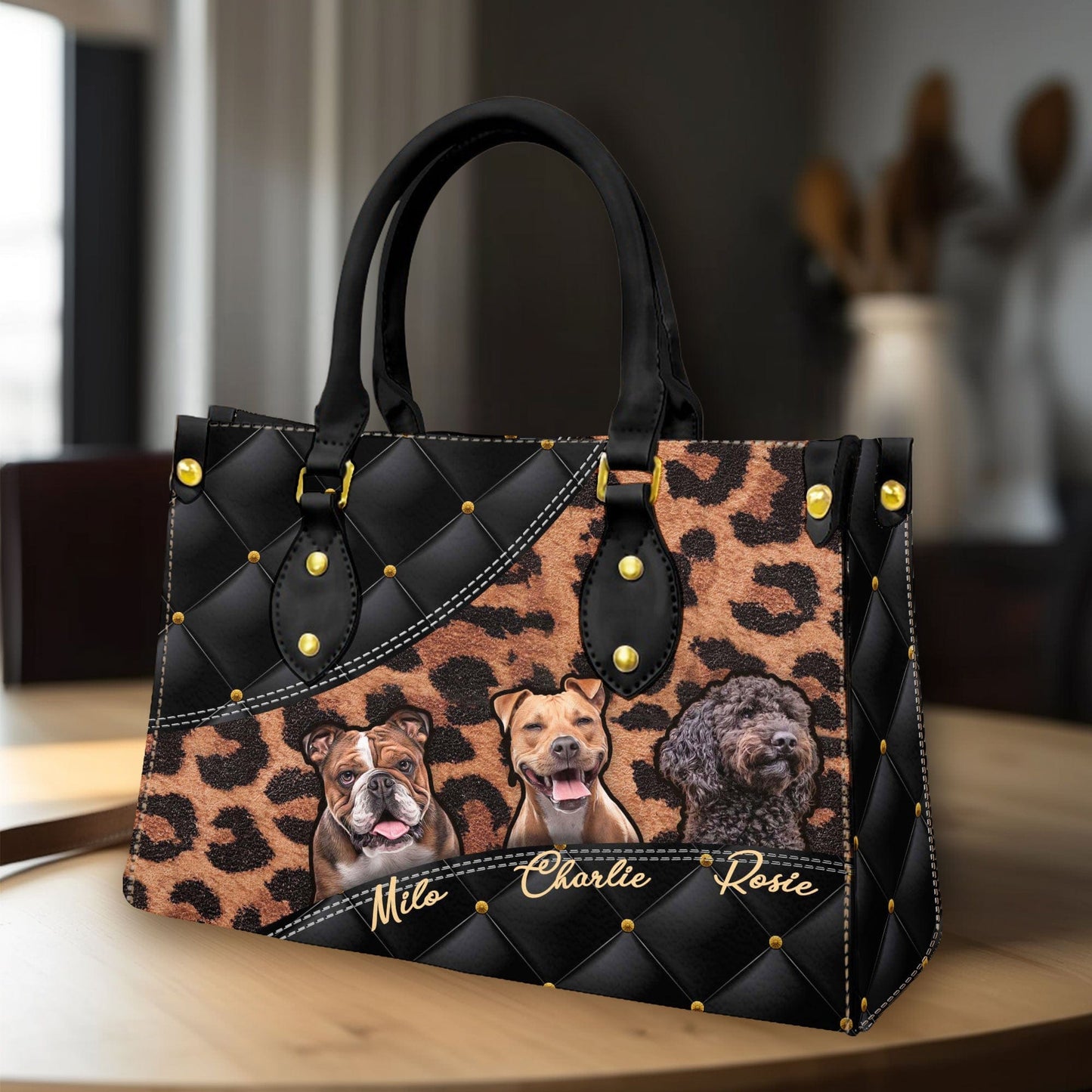 Sac à main en cuir personnalisé avec photo pour animaux de compagnie | Cadeau pour maman d’animal de compagnie | Tapisserie d'ameublement abstraite et style léopard couleur noir anthracite