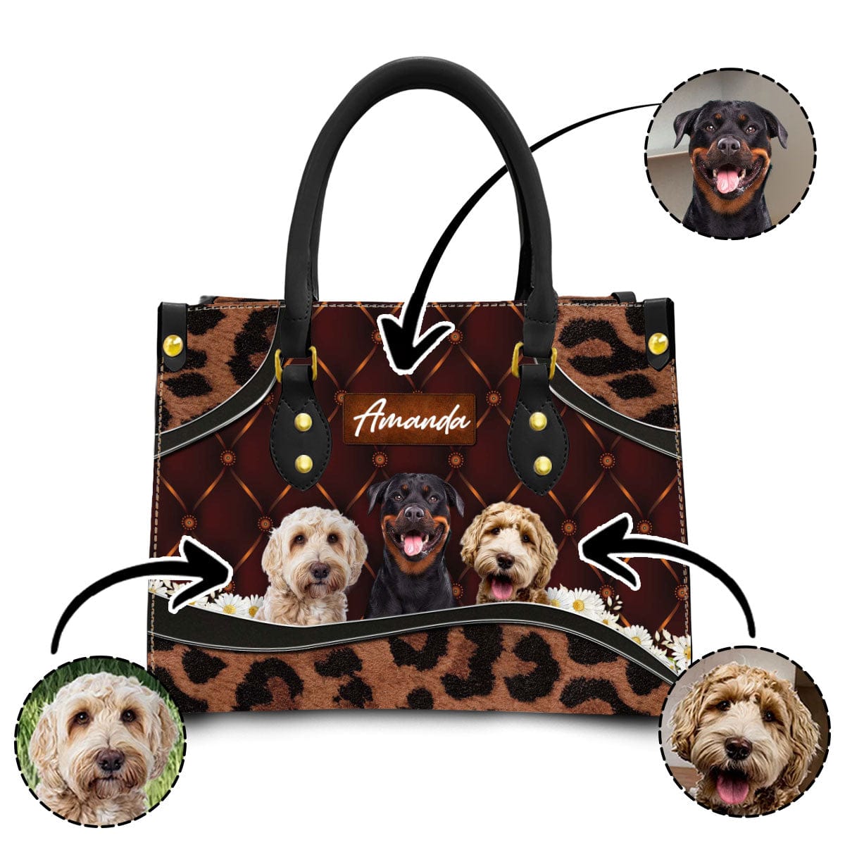 Custom Leather HandBag With Pet Photo | Gift For Pet Mom | Brown Upholstery Daisy & Leopard Style Mahogany Color