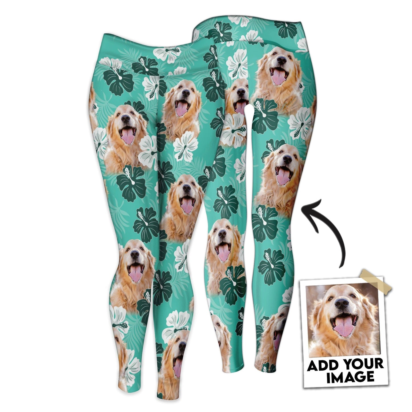 Custom Legging With Pet Photo | Hibiscus Flowers Summer Duo Tone Pattern Mint Color