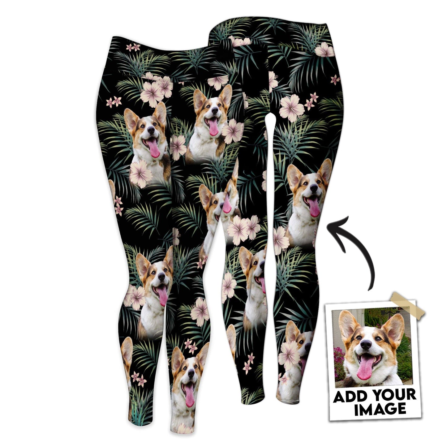 Legging personnalisé avec photo d’animal de compagnie | Nouveau Tropical avec motif de fleurs d'hibiscus rouge couleur noir charbon
