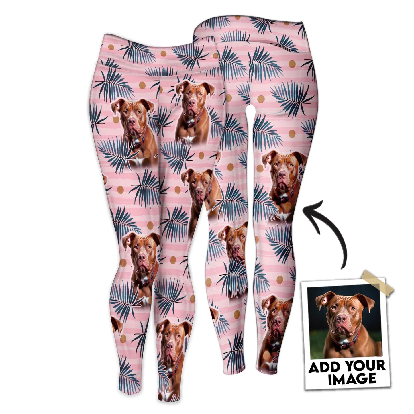 Custom Legging With Pet Photo | Tropical Leaves & Green Palm On A Pink Striped Background White Color