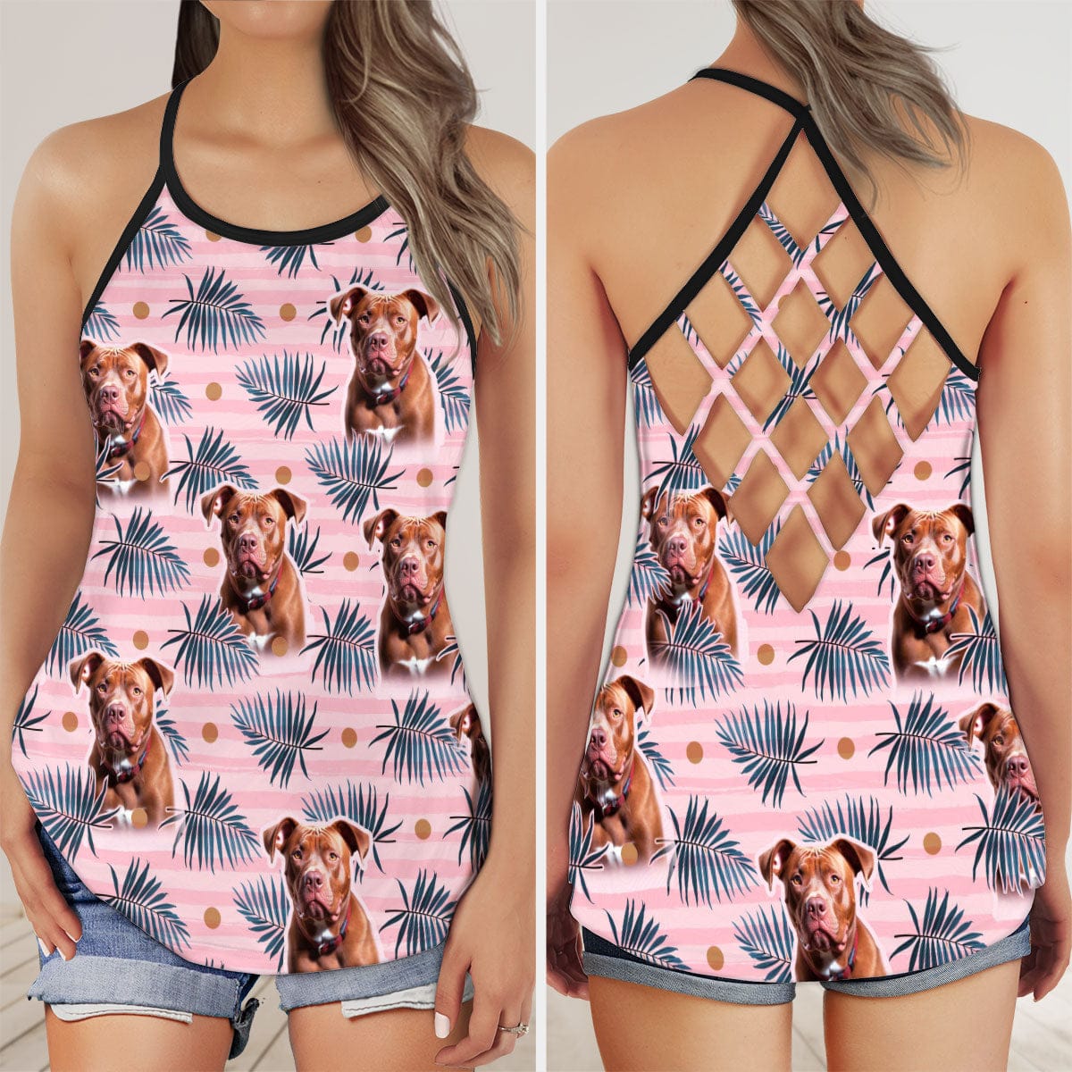 Custom Legging With Pet Photo | Tropical Leaves & Green Palm On A Pink Striped Background White Color