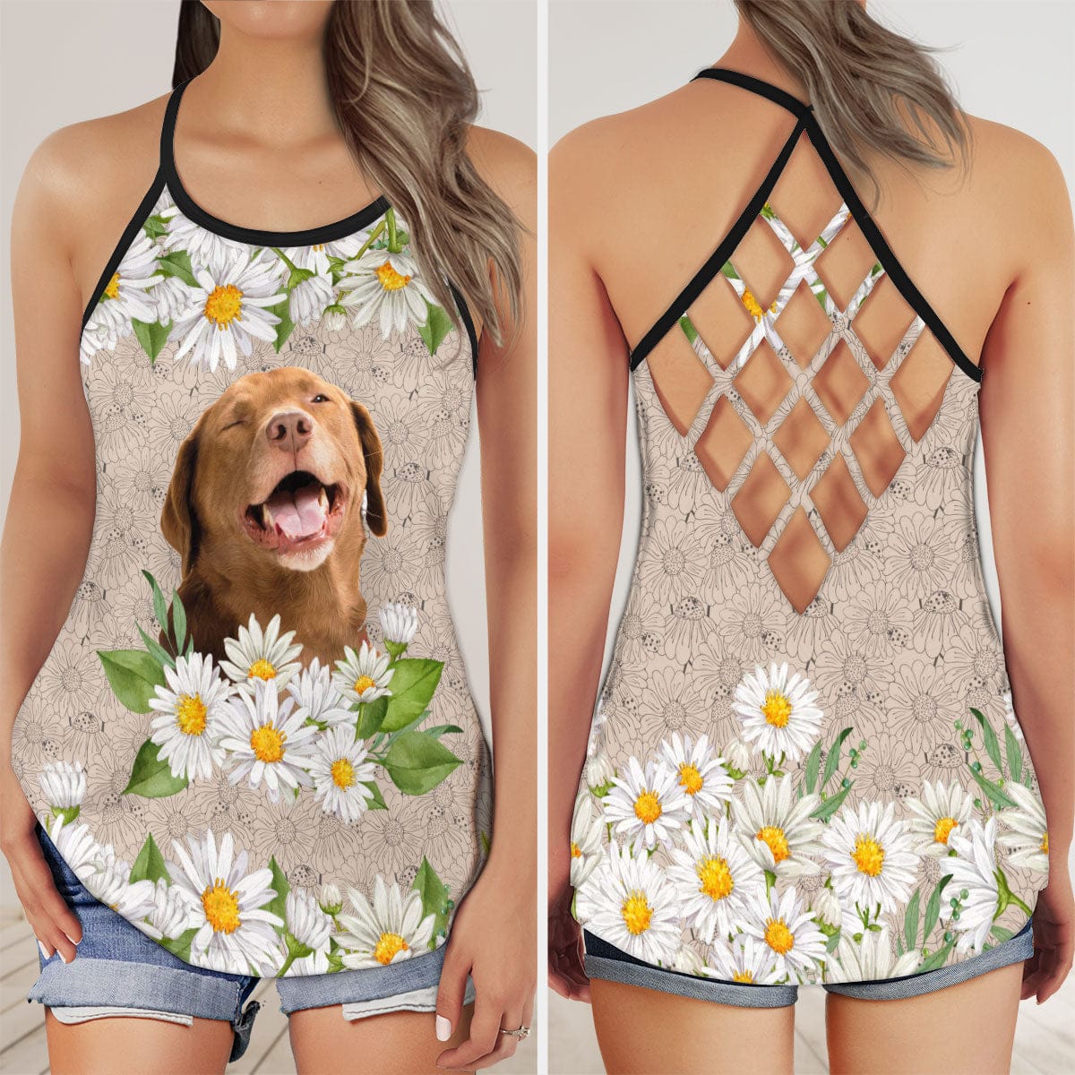 Custom Legging With Pet Photo | Daisy Flower Pattern Beige Color