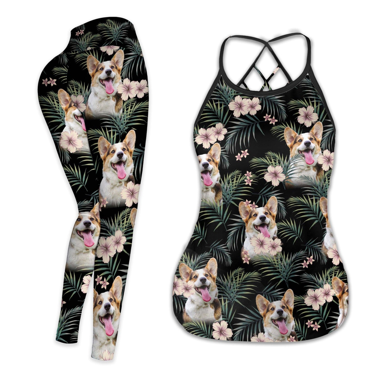 Legging personnalisé avec photo d’animal de compagnie | Nouveau Tropical avec motif de fleurs d'hibiscus rouge couleur noir charbon