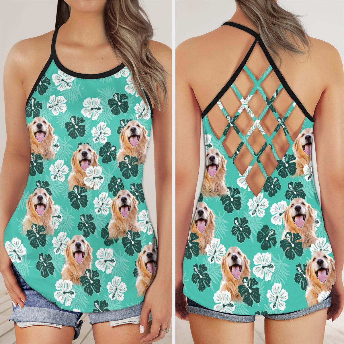 Custom Legging With Pet Photo | Hibiscus Flowers Summer Duo Tone Pattern Mint Color