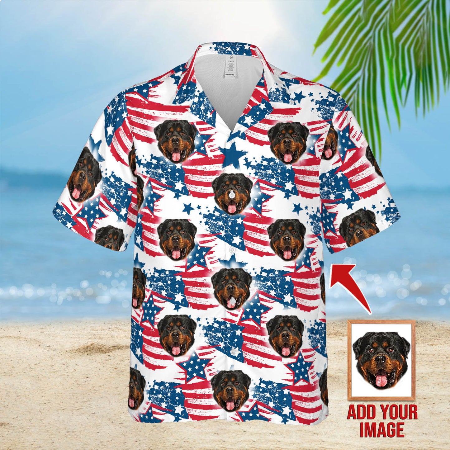 Chemise hawaïenne personnalisée avec visage d’animal de compagnie | Cadeau personnalisé pour les amoureux des animaux de compagnie | Chemise Aloha à motif de feuilles rouges et bleues