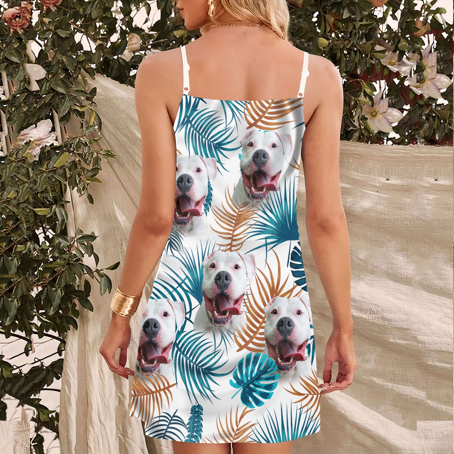 Custom Leaves Pattern Cami Dress Personalized Gift For Dog Mom (White Color)