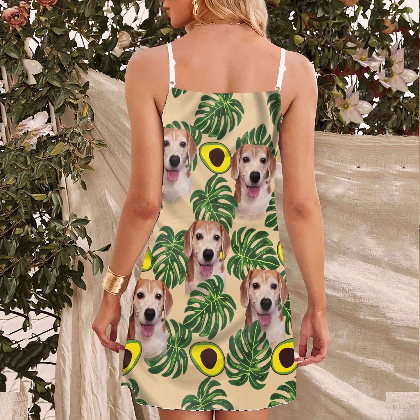 Custom Avocado & Leaves Pattern Cami Dress Personalized Gift For Dog Mom (Lemon Zest Color)