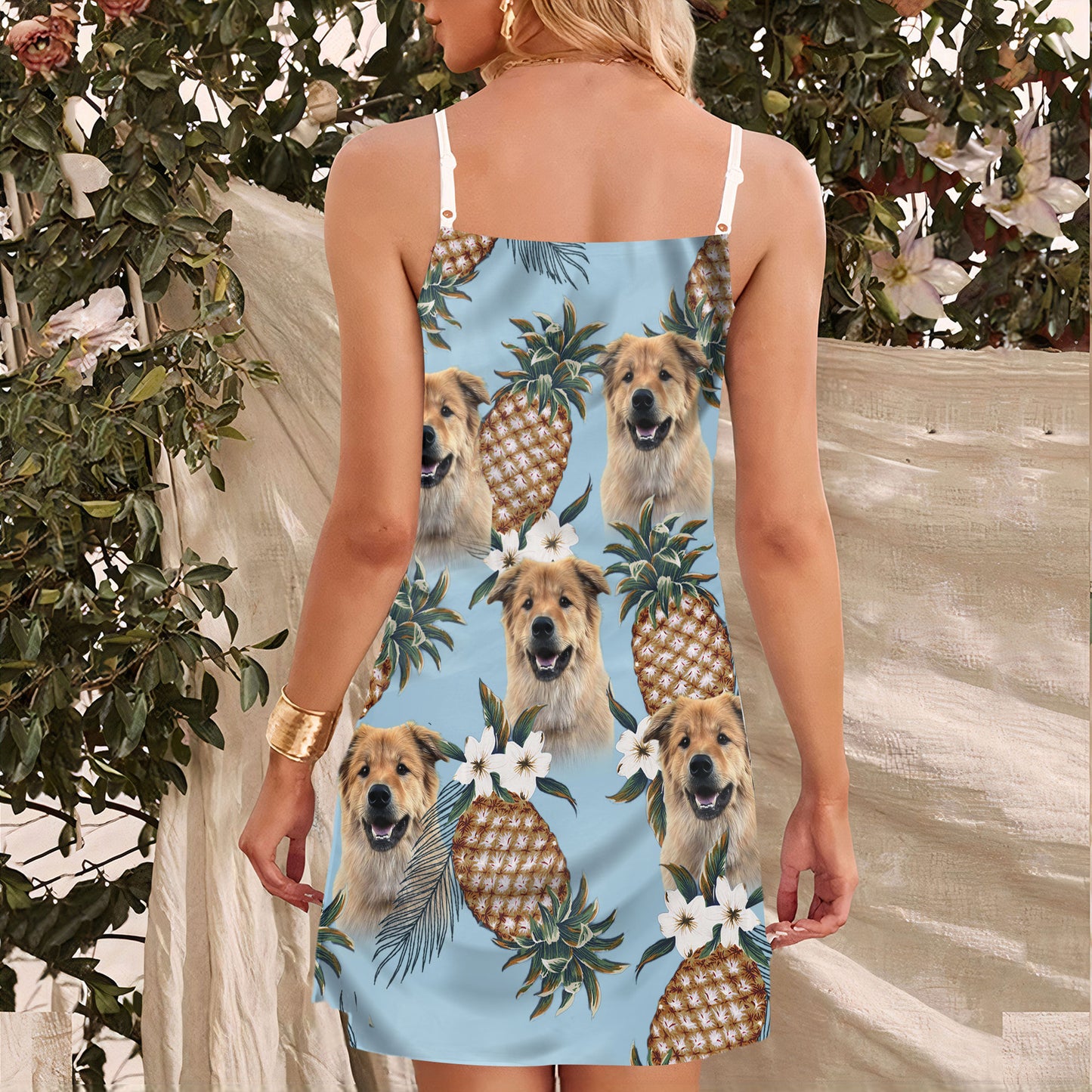 Custom Pineapple Pattern Cami Dress Personalized Gift For Dog Mom (Light Blue Color)