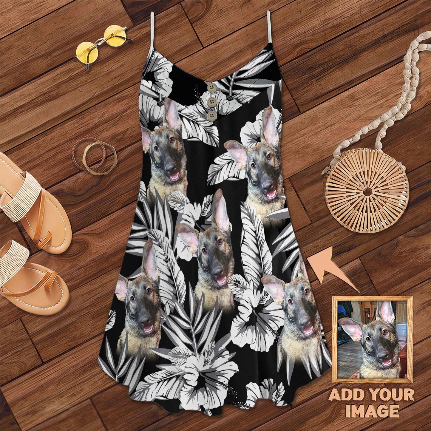 Custom Flowers Pattern Cami Dress Personalized Gift For Dog Mom (Black Color)