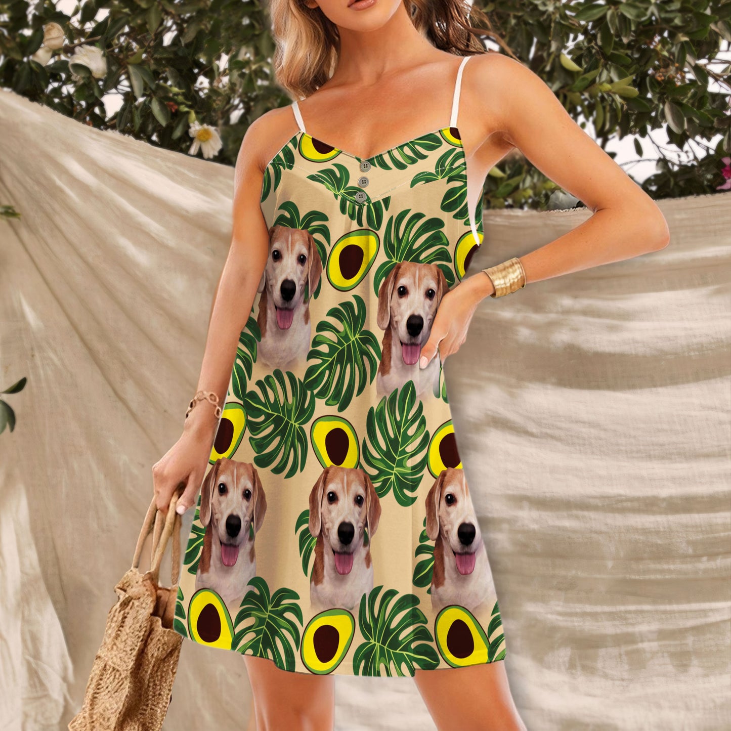 Custom Avocado & Leaves Pattern Cami Dress Personalized Gift For Dog Mom (Lemon Zest Color)
