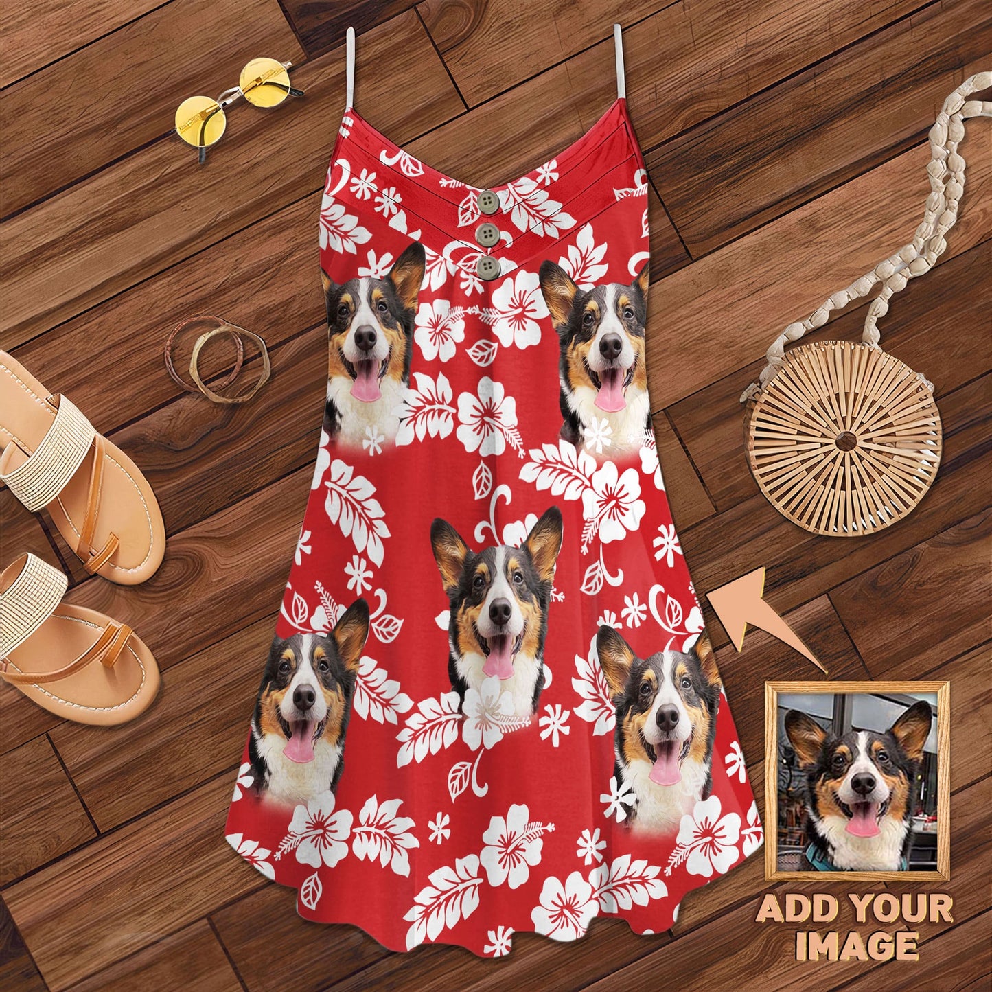 Custom Leaves & Flowers Pattern Cami Dress Personalized Gift For Dog Mom (Red Color)