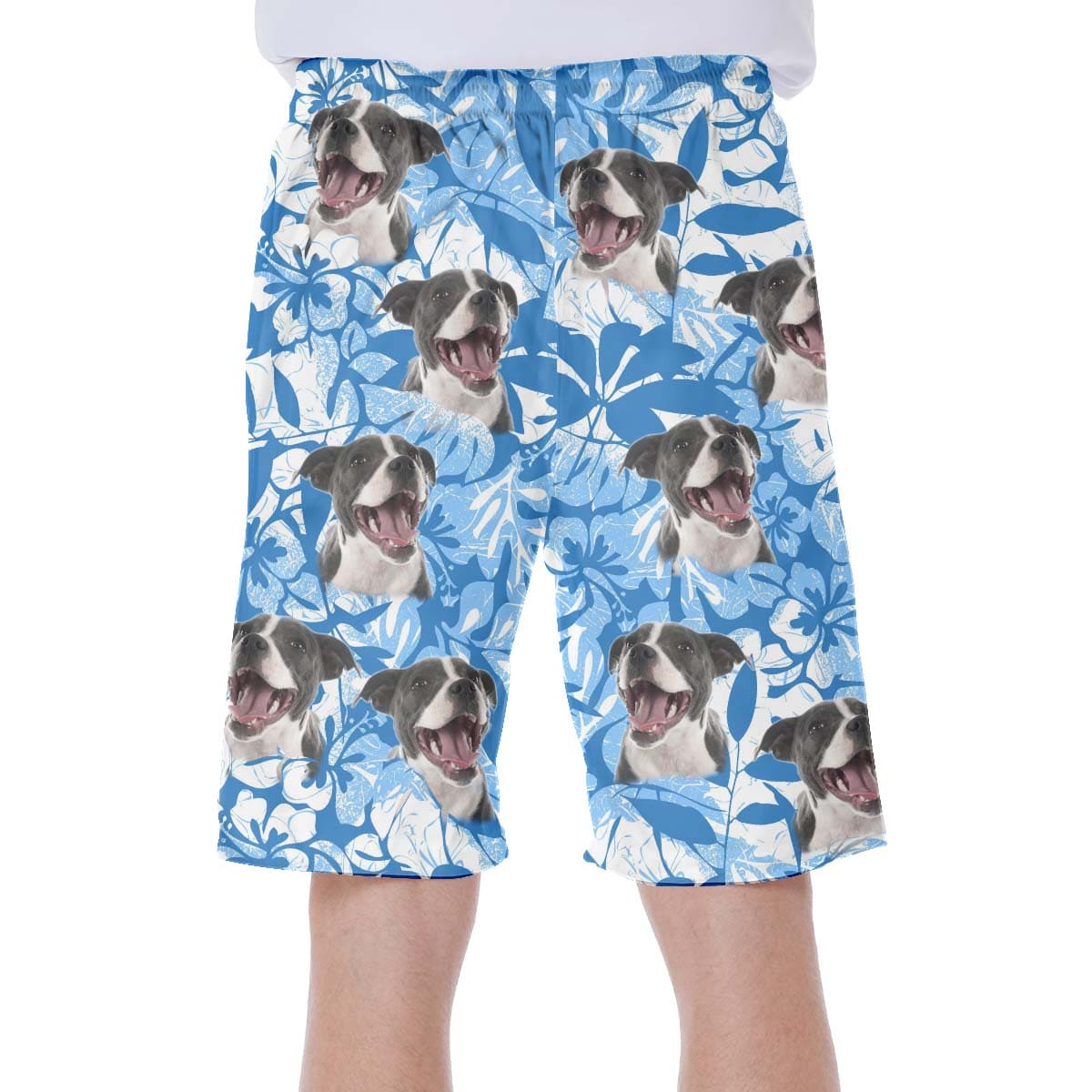 Short hawaïen personnalisé avec visage de chien | Cadeau personnalisé pour les amateurs de chiots | Short Aloha à motif de feuilles et de fleurs de couleur bleue