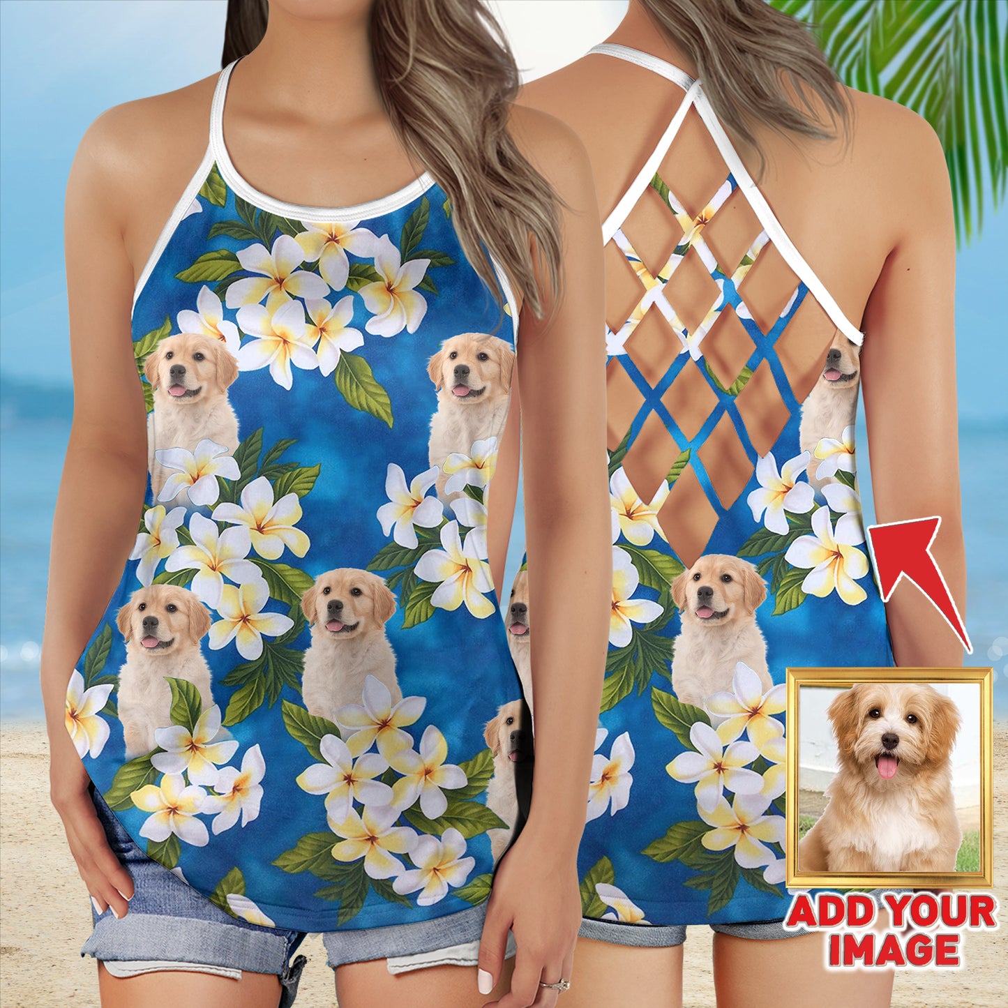 Custom Flower & Blue Criss Cross Open Back Tank Top