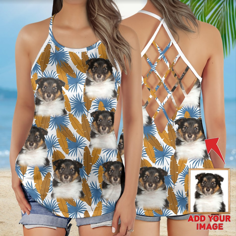 Custom Gold & Blue Leave Criss Cross Open Back Tank Top