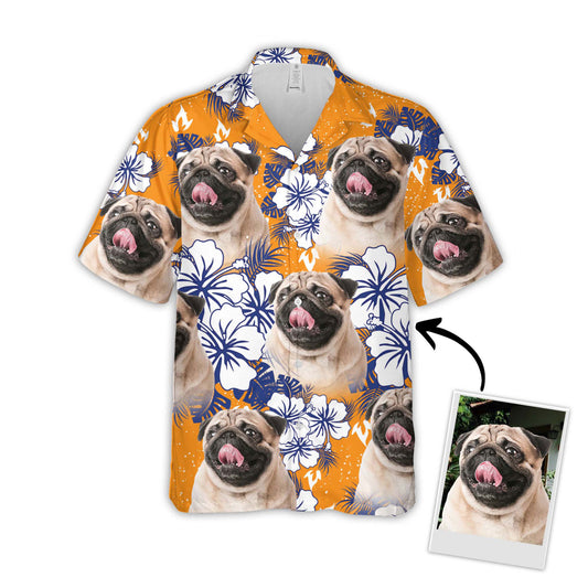Chemise hawaïenne personnalisée pour les amateurs de chiens | Cadeau personnalisé pour les amoureux des chiots | Chemise Aloha de couleur orange à motif de fleurs