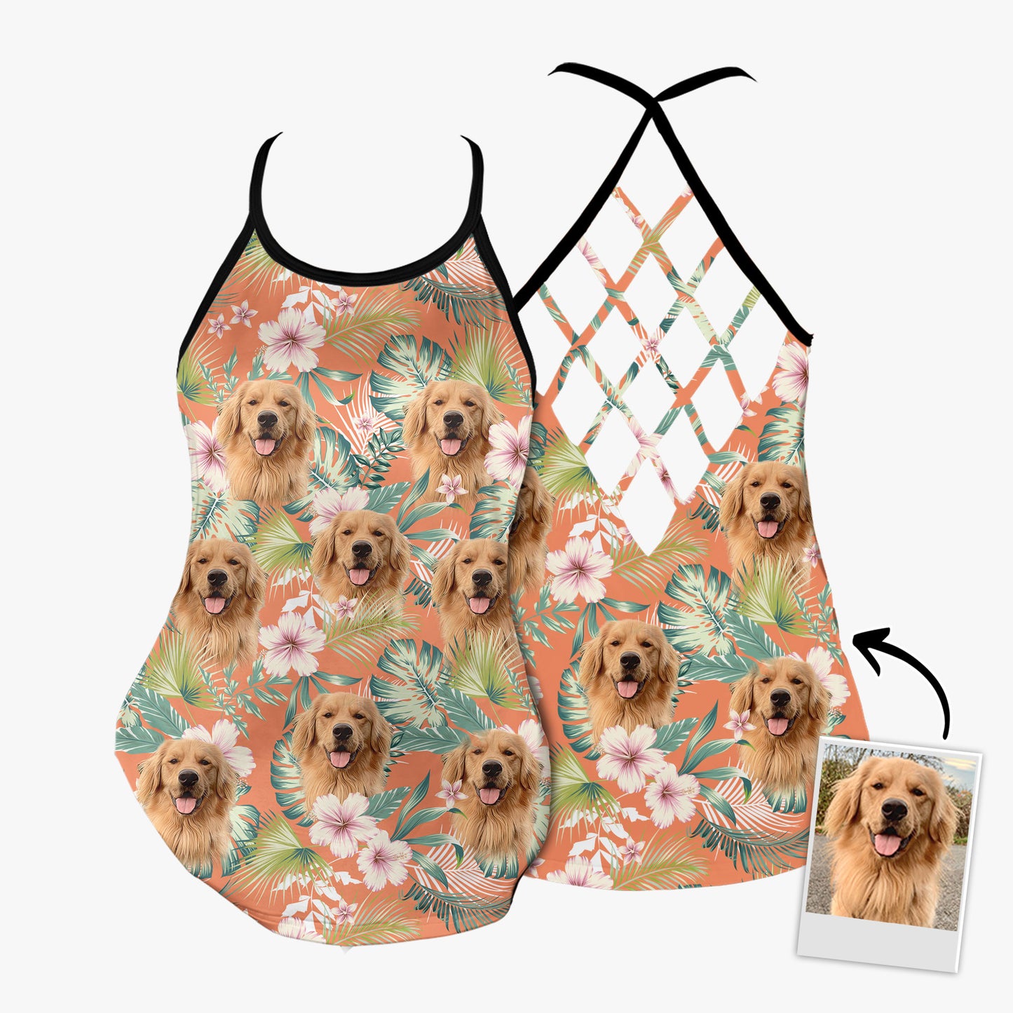 Custom Leaves & Flowers Pattern Criss Cross Tank Top (Carrot Color)