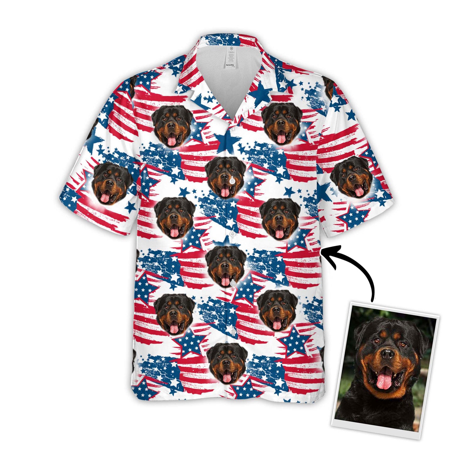 Chemise hawaïenne personnalisée avec visage d’animal de compagnie | Cadeau personnalisé pour les amoureux des animaux de compagnie | Chemise Aloha à motif de feuilles rouges et bleues