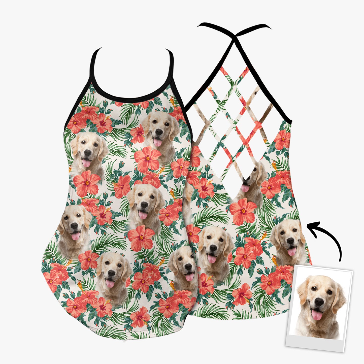 Custom Summer Red Flower Leave Criss Cross Open Back Tank Top