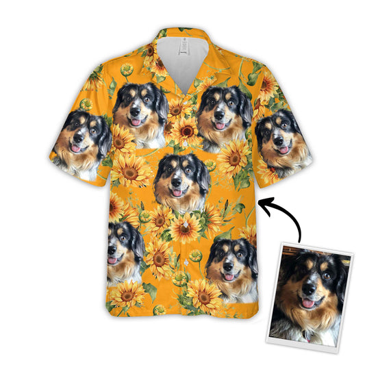 Chemise hawaïenne personnalisée avec visage d’animal de compagnie | Cadeau personnalisé pour les amoureux des animaux de compagnie | Chemise Aloha à motif tournesol et jaune