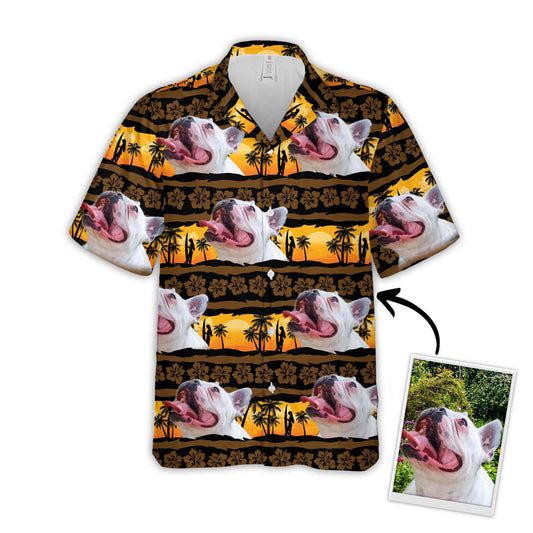 Chemise hawaïenne personnalisée avec visage d’animal de compagnie | Cadeau personnalisé pour les amoureux des animaux de compagnie | Chemise Aloha à motif coucher de soleil et palmier