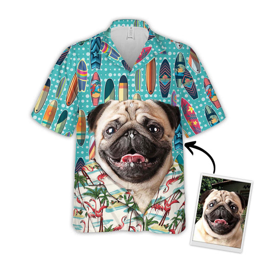 Chemise hawaïenne personnalisée avec visage d’animal de compagnie | Cadeau personnalisé pour les amoureux des animaux de compagnie | Chemise Aloha de couleur bleu ciel à motif de surf