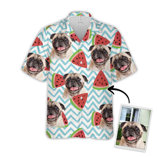 Chemise hawaïenne personnalisée avec visage d’animal de compagnie | Cadeau personnalisé pour les amoureux des animaux de compagnie | Chemise Aloha de couleur blanche à motif de pastèque