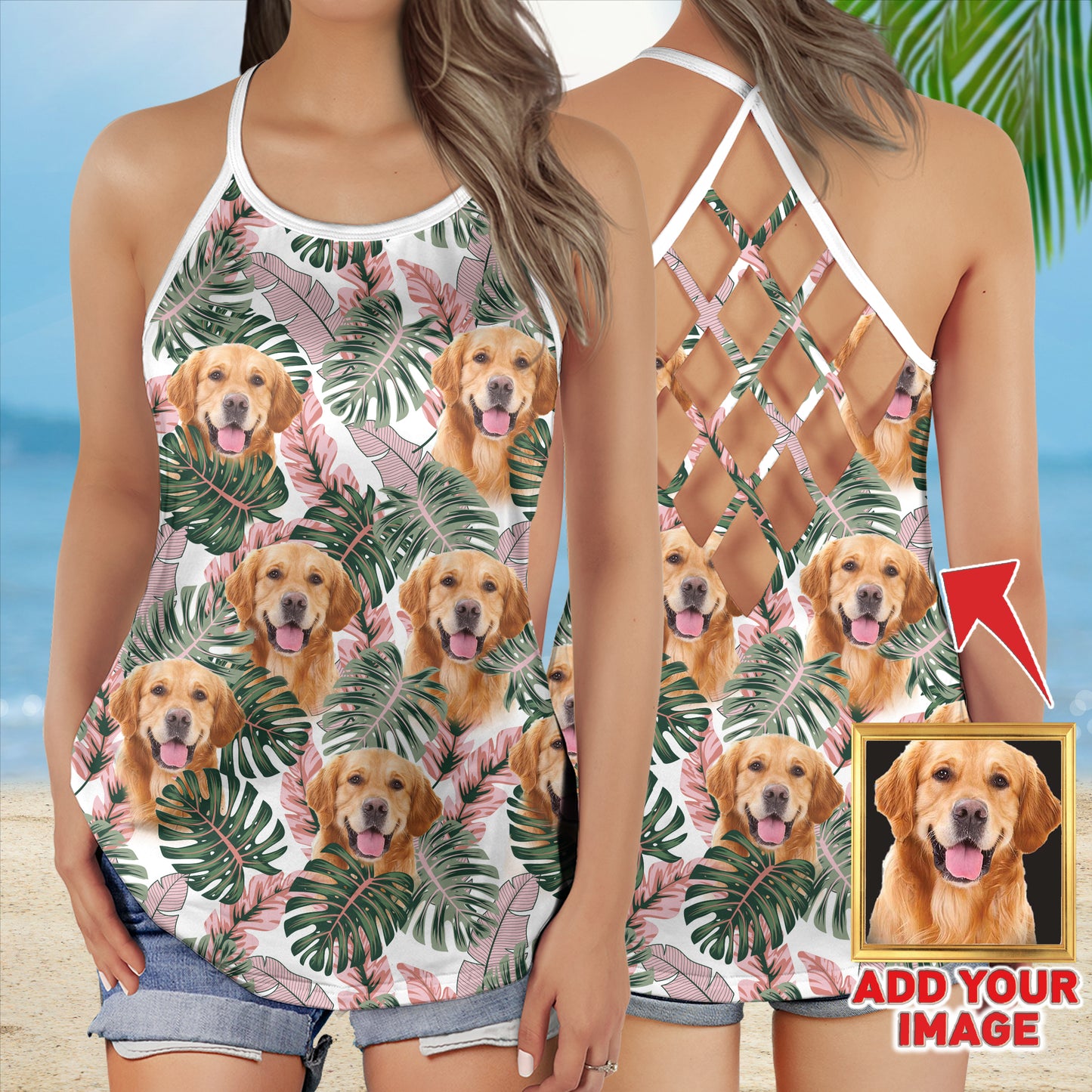 Custom Pink & Green Leave Criss Cross Open Back Tank Top