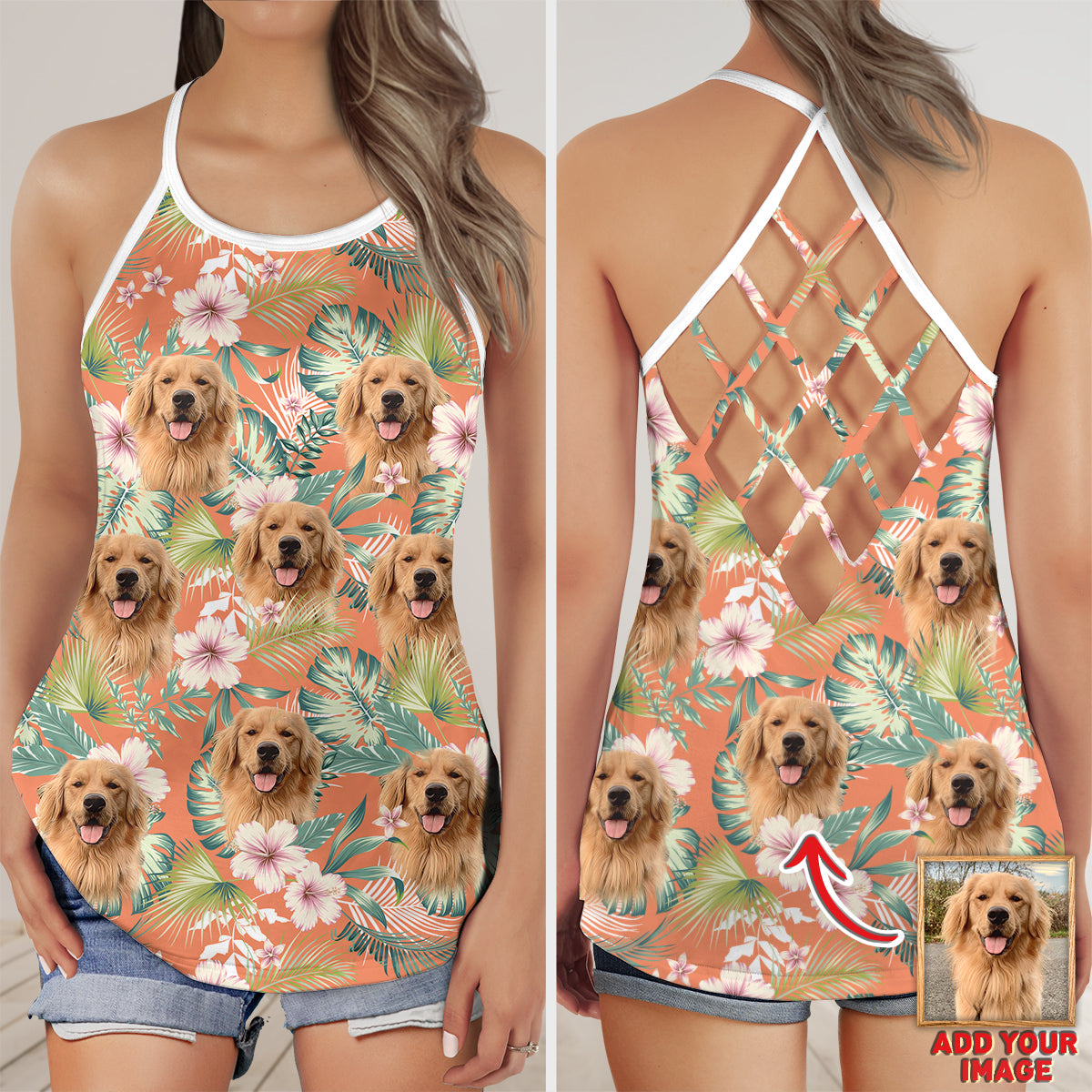 Custom Leaves & Flowers Pattern Criss Cross Tank Top (Carrot Color)