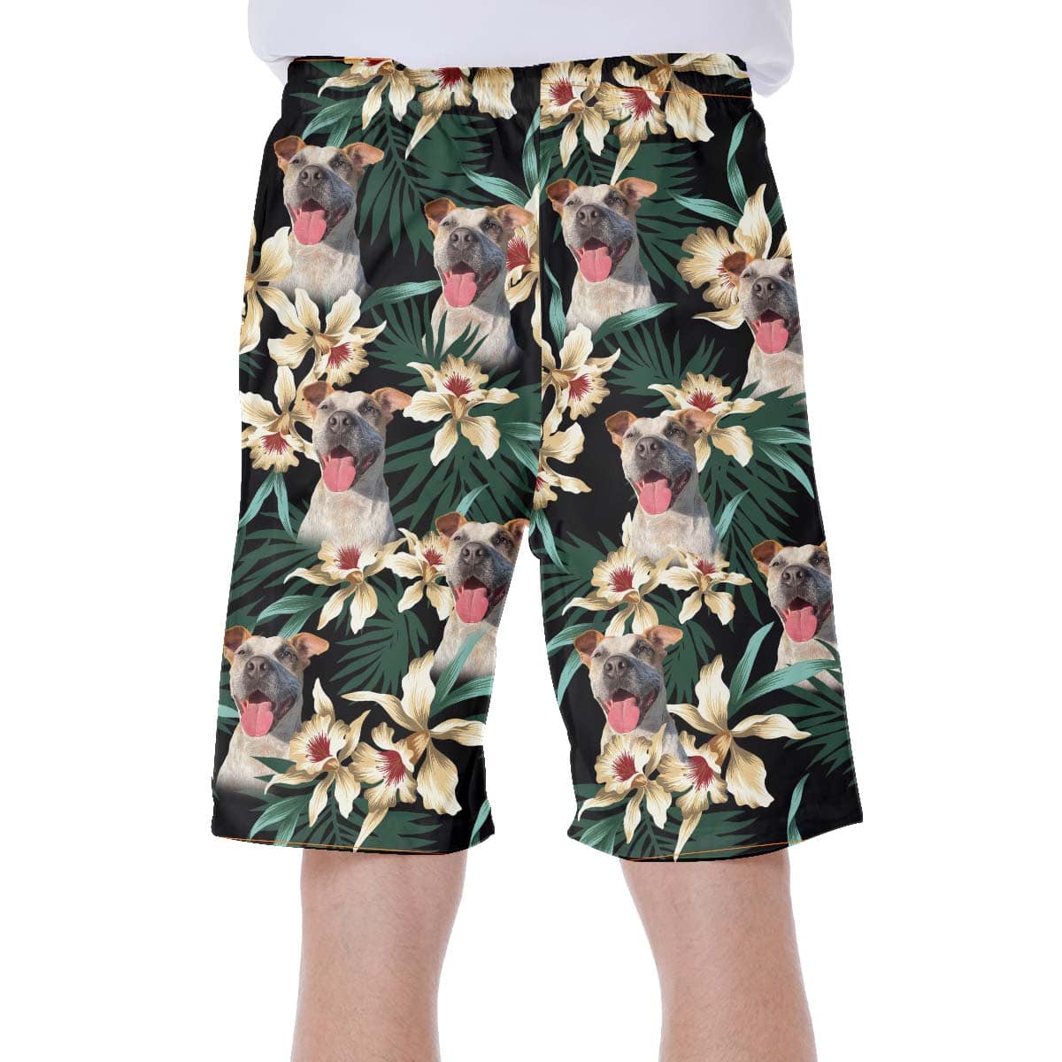 Short hawaïen personnalisé avec visage de chien | Cadeau personnalisé pour les amateurs de chiots | Motif de feuilles et de fleurs Couleur vert foncé Aloha Short