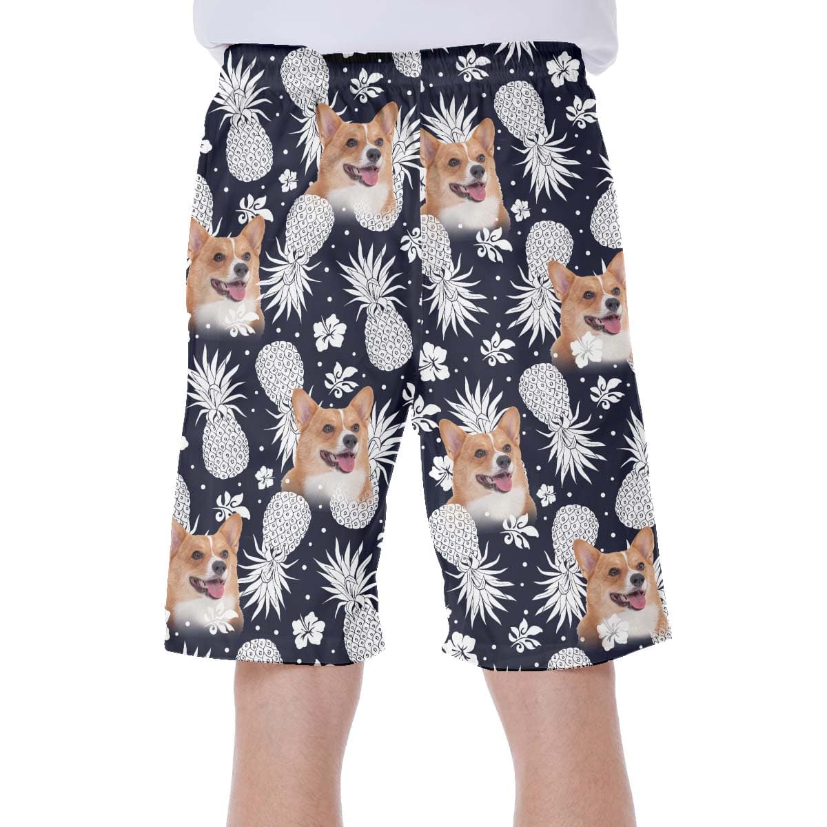 Short hawaïen personnalisé avec visage de chien | Cadeau personnalisé pour les amateurs de chiots | Short Aloha à motif d'ananas, couleur bleu marine foncé