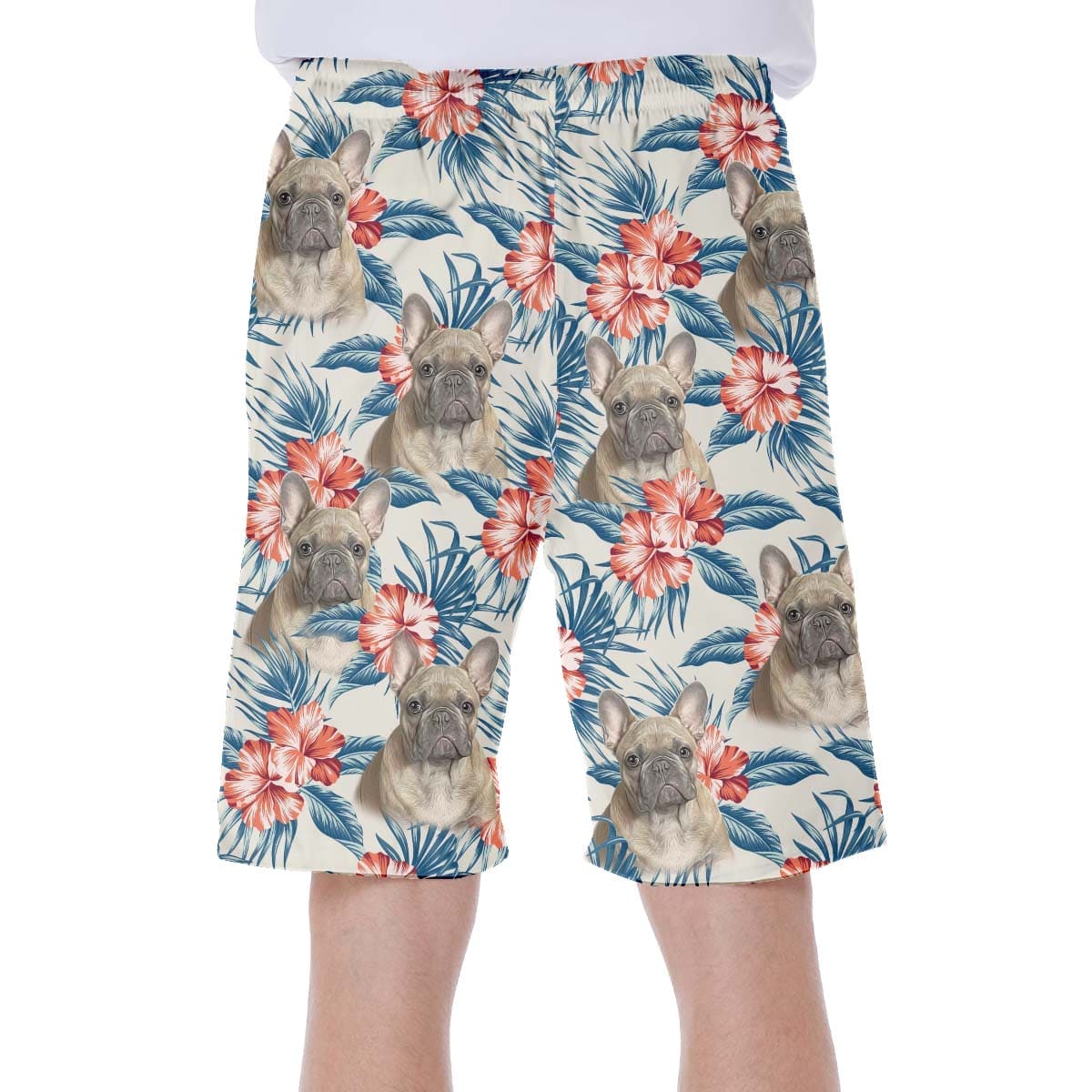 Short hawaïen personnalisé avec visage de chien | Cadeau personnalisé pour les amateurs de chiots | Short Aloha à motif de fleurs, couleur blanche