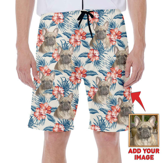 Short hawaïen personnalisé avec visage de chien | Cadeau personnalisé pour les amateurs de chiots | Short Aloha à motif de fleurs, couleur blanche