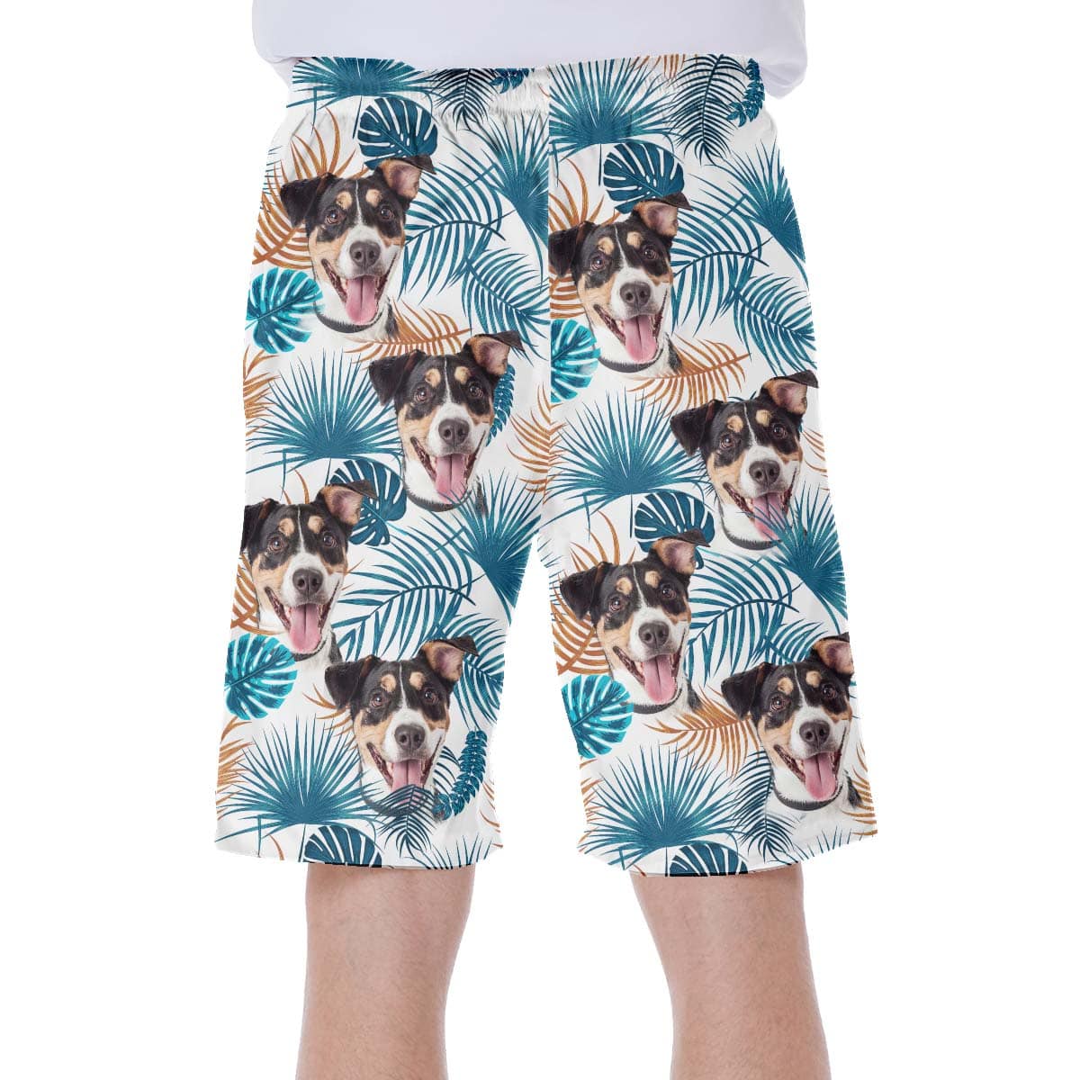 Short hawaïen personnalisé avec visage de chien | Cadeau personnalisé pour les amateurs de chiots | Feuilles motif court couleur blanche Aloha court