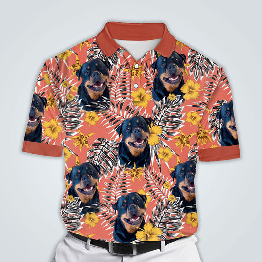Polo personnalisé avec visage de chien | Cadeau personnalisé pour papa chien | Polo homme à motif floral orange et jaune