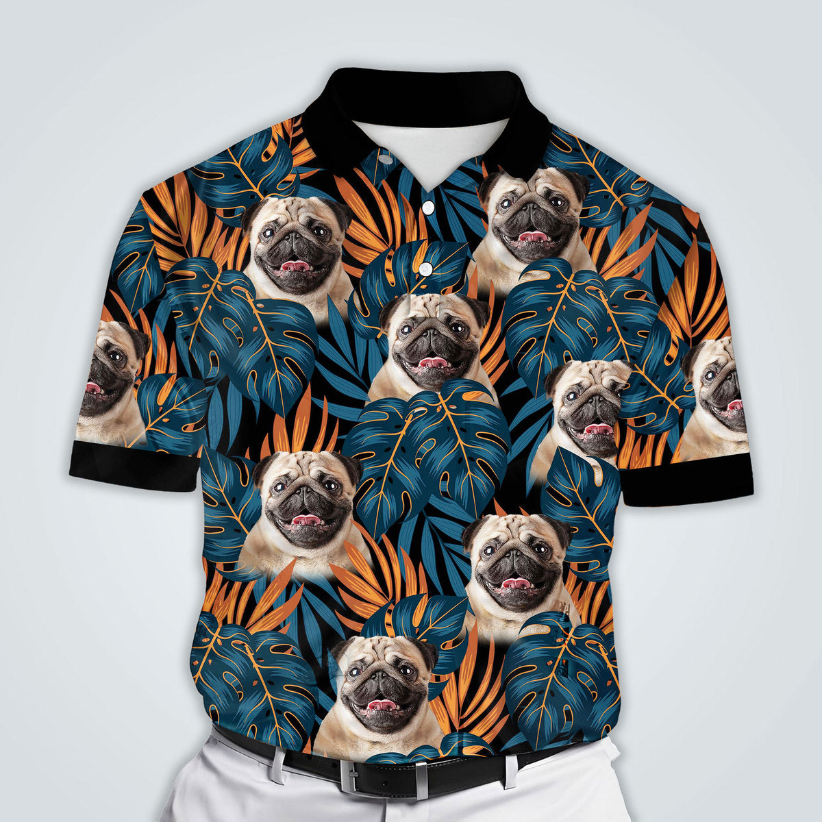 Custom Polo Shirt With Dog Face | Personalized Gift For Dog Dad | Dark Blue & Orange Leave Pattern Men Polo Shirt