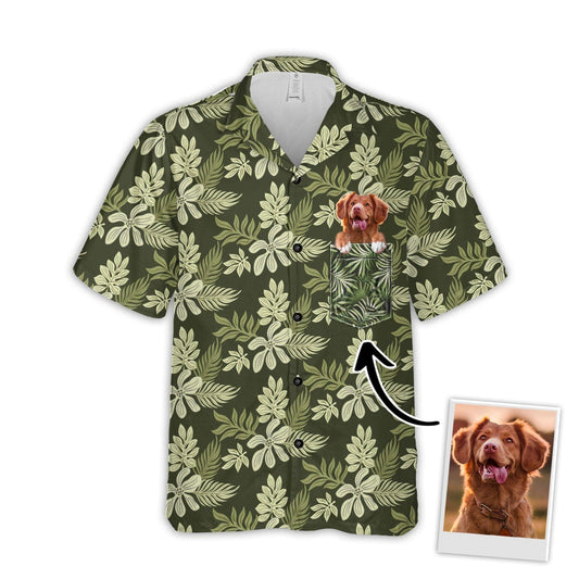 Chemise hawaïenne personnalisée avec visage d’animal de compagnie | Cadeau personnalisé pour les amoureux des animaux de compagnie | Chemise Aloha de couleur verte militaire à motif de fleurs d'été avec poche