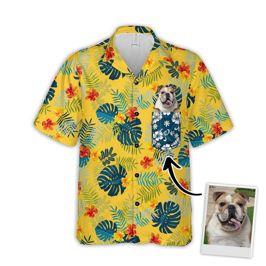 Chemise hawaïenne personnalisée avec visage d’animal de compagnie | Cadeau personnalisé pour les amoureux des animaux de compagnie | Chemise Aloha de couleur jaune à motif botanique d'été tropical avec poche