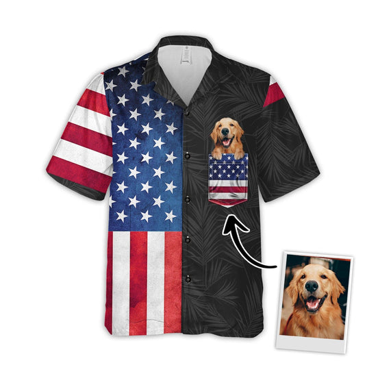 Chemise hawaïenne personnalisée avec visage d’animal de compagnie | Cadeau personnalisé pour les amoureux des animaux de compagnie | Chemise Aloha de couleur rouge et bleue avec fond d'été tropical américain avec poche