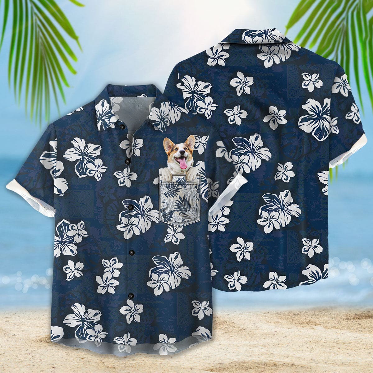 Custom Hawaiian Shirt With Pet Face | Personalized Gift For Pet Lovers | Tribal Elements And Hibiscus Flowers Pattern Navy Color Aloha Shirt With Pocket