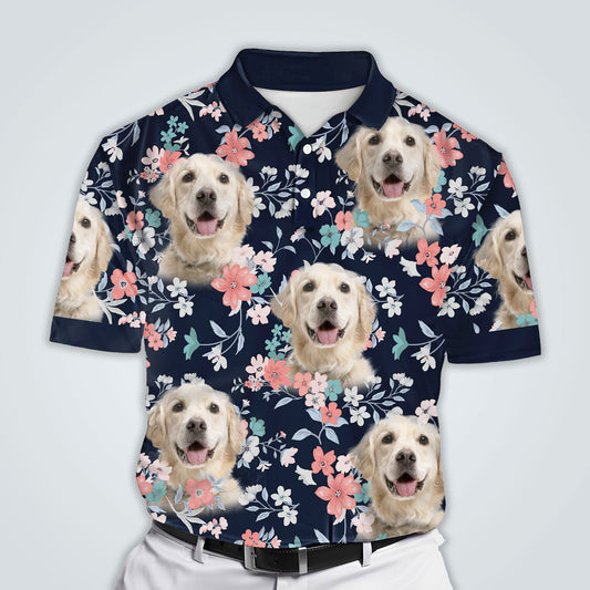 Polo personnalisé avec visage de chien | Cadeau personnalisé pour papa chien | Polo pour hommes à motif de fleurs d'été