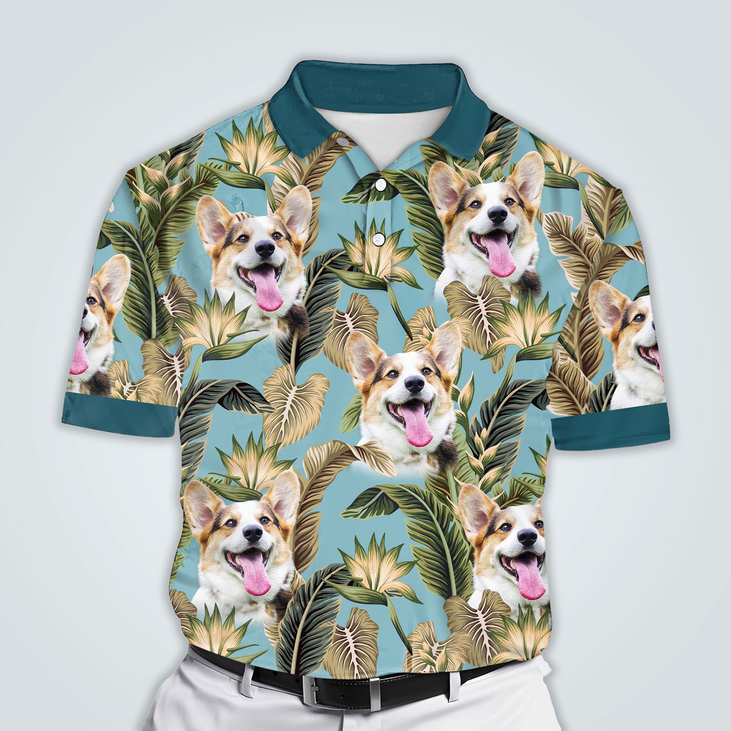 Polo personnalisé avec visage de chien | Cadeau personnalisé pour papa chien | Polo homme à motif de feuilles bleues Blizzard