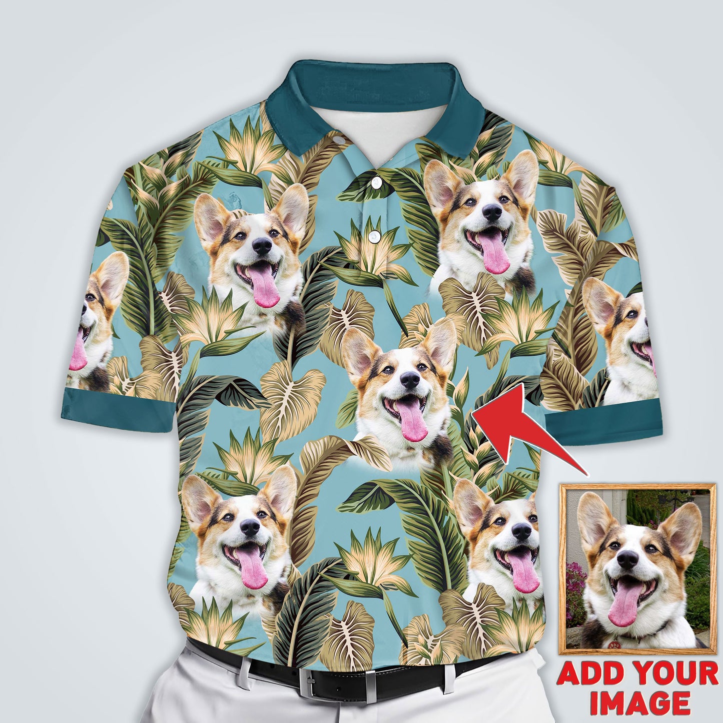 Polo personnalisé avec visage de chien | Cadeau personnalisé pour papa chien | Polo homme à motif de feuilles bleues Blizzard