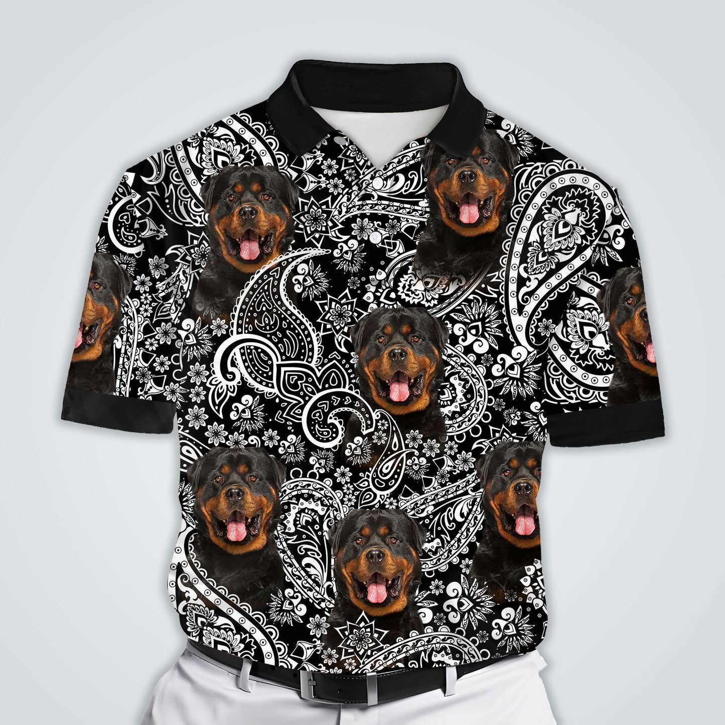 Polo personnalisé avec visage de chien | Cadeau personnalisé pour papa chien | Polo homme à motif de fleurs noir