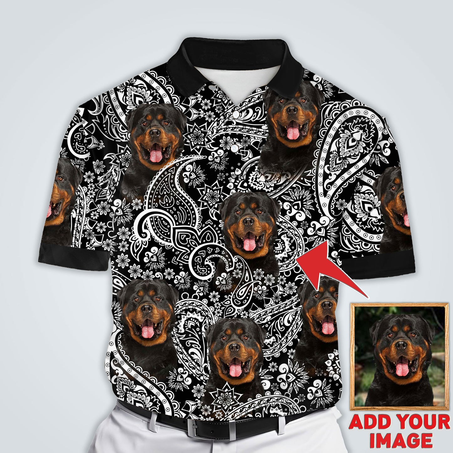 Polo personnalisé avec visage de chien | Cadeau personnalisé pour papa chien | Polo homme à motif de fleurs noir
