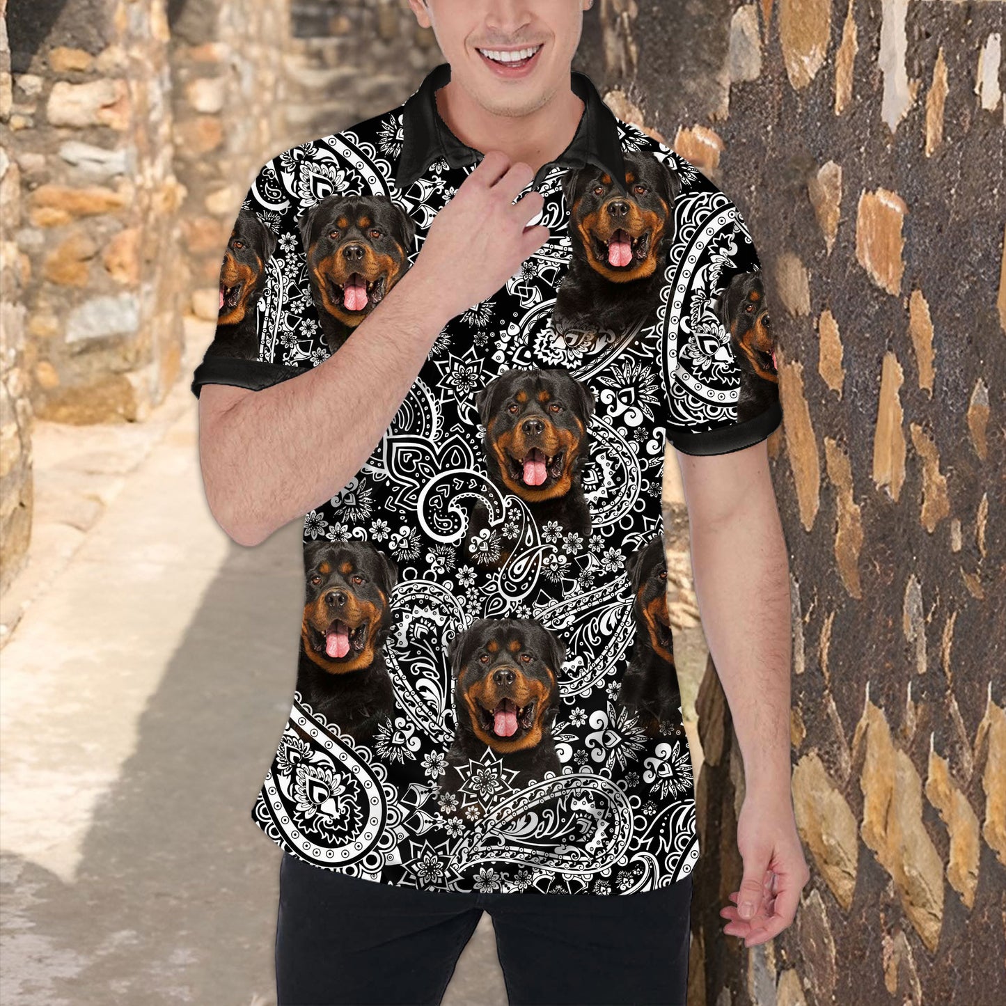 Polo personnalisé avec visage de chien | Cadeau personnalisé pour papa chien | Polo homme à motif de fleurs noir