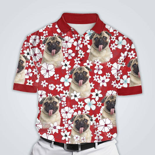 Polo personnalisé avec visage de chien | Cadeau personnalisé pour papa chien | Polo homme à motif de fleurs rouges