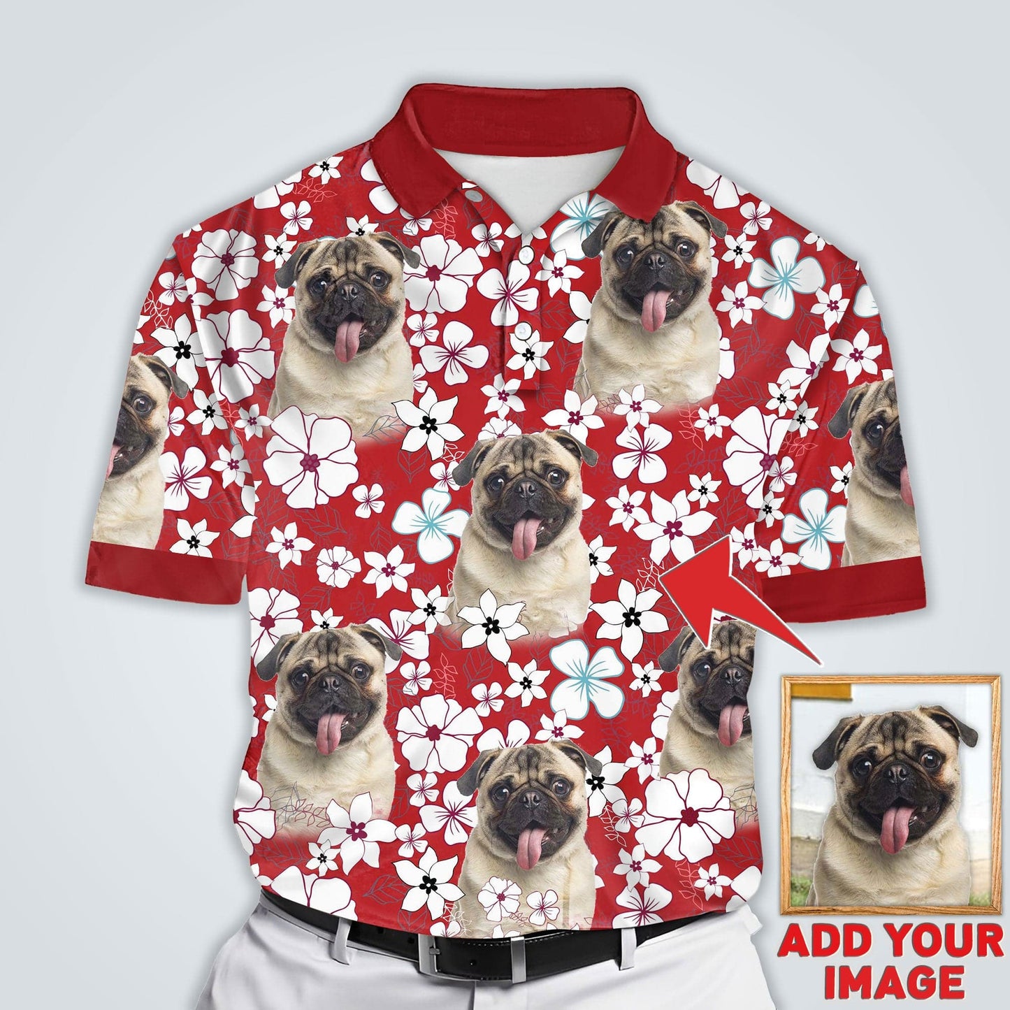 Polo personnalisé avec visage de chien | Cadeau personnalisé pour papa chien | Polo homme à motif de fleurs rouges