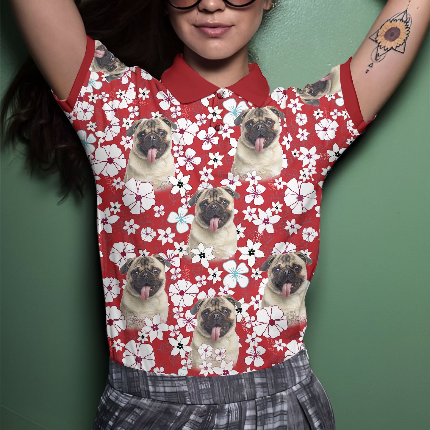Polo personnalisé avec visage de chien | Cadeau personnalisé pour papa chien | Polo homme à motif de fleurs rouges